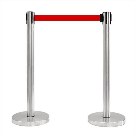 VIC CROWD CONTROL INC VIP Crowd Control 1119-10 14 in. Flat Base Satin Stainless Post & Cover Retractable Belt Stanchion - 10 ft. Red Belt 1119-10